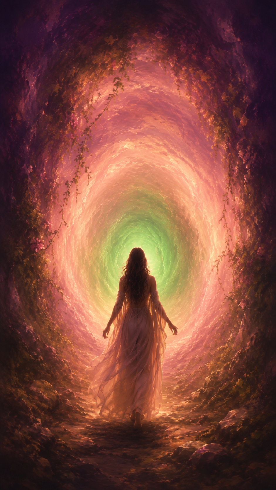 A woman standing at the threshold of a glowing portal, ready to step into her most authentic self.